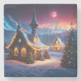 Prettige feestdagen sneeuwcabine en kerstbomen stenen onderzetter