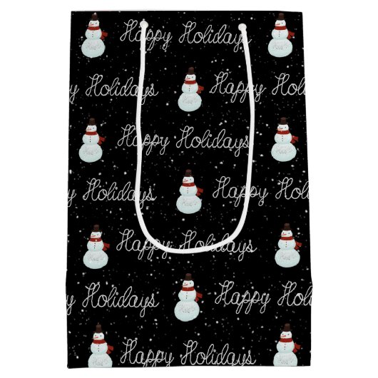 prettige feestdagen sneeuwpop en touwtekst op zwar medium cadeauzakje (Achterkant)