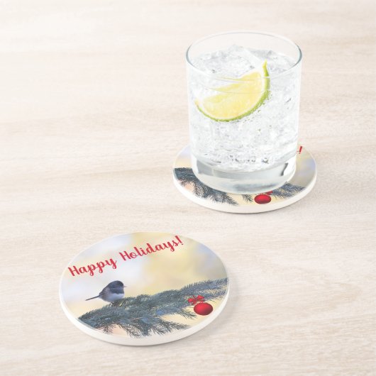 "Prettige feestdagen!" Snowbird in een Evergreen o Zandsteen Onderzetter (Zijkant)