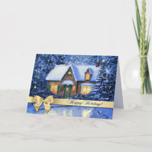 prettige feestdagen. Snowy Village Painting Kerstm Feestdagen Kaart