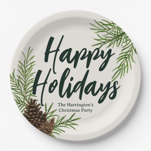 Prettige feestdagen Winter Pine Greenery Ivoor Papieren Bordje (Voorkant)