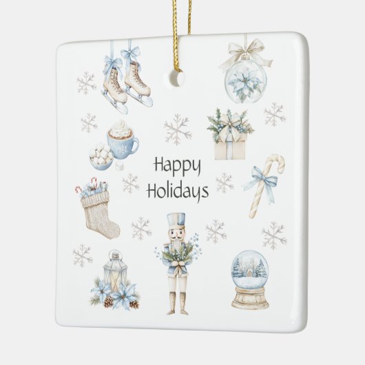 Prettige feestdagen Winterblauw Waterverf Keramisch Ornament (Links)