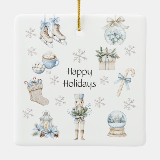 Prettige feestdagen Winterblauw Waterverf Keramisch Ornament (Achterkant)