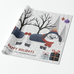 Prettige feestdagen Winterhond en bomen Cadeaupapier