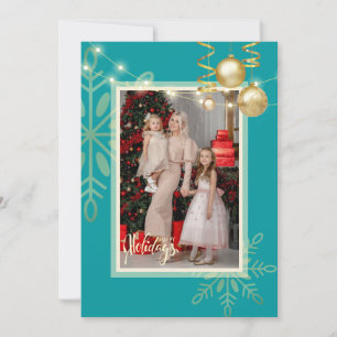 Prettige feestdagen Xmas goud, ornamenten, foto Bedankkaart