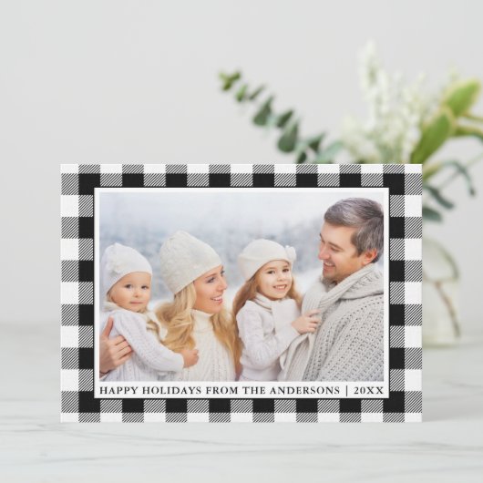 Prettige feestdagen Zwart en wit Buffel Plaid Feestdagenkaart (Staand voorkant)