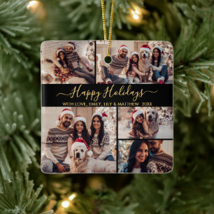 Prettige feestdagen Zwart Goud Fotocollage Kerstmi Keramisch Ornament