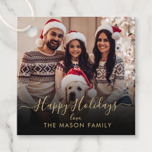 Prettige feestdagen Zwart goud? Script Family Foto Bedankjes Labels (Voorkant)