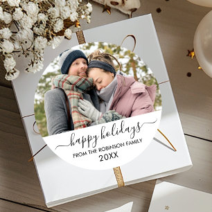 Prettige feestdagen Zwart Wit Script Paar Foto Ronde Sticker