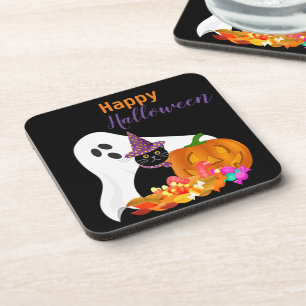 Prettige Halloween Geest en Zwarte Kat Plastic Bier Onderzetter