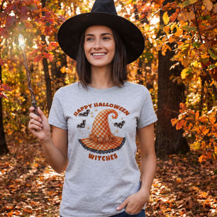 Prettige Halloween Heksen Oranje Gingham Heksenhoe T-shirt