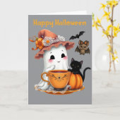 Prettige Halloween Lieve Geest, Kat, Vleermuis  Kaart (Gele Bloem)
