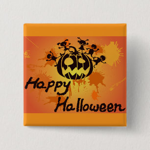 Prettige Halloween Pompoen Silhouet Illustratie Vierkante Button 5,1 Cm