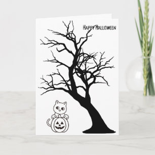 Prettige Halloween wenskaart kat pompoen boom Kaart