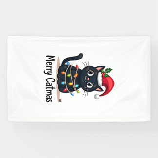 Prettige Kattenkerstmis Zwarte Kat Kerstlicht Kers Spandoek