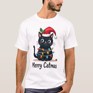 Prettige Kattenkerstmis Zwarte Kat Kerstlicht Kers T-shirt