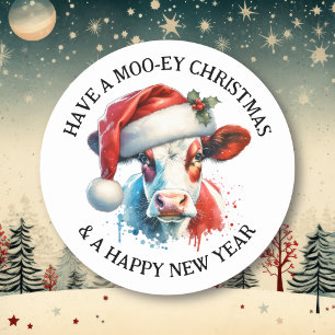 Prettige kerstdagen Leuke Koe in Santa Hat Ronde Sticker