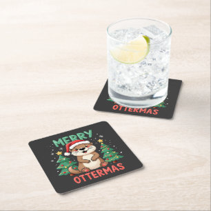 Prettige Ottermas Grappige Otter Dieren Kerstliefh Vierkante Kartonnen Onderzetter