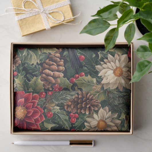 Pretty Bird on Pine Tree Branches with Flowers Tissuepapier (Geschenk)