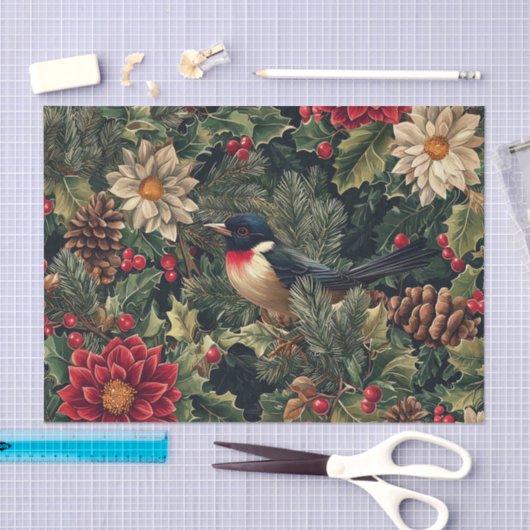 Pretty Bird on Pine Tree Branches with Flowers Tissuepapier (Craft)