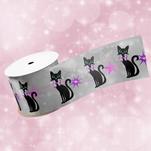 Pretty Black Cats Pink Bows Stars on White Circles Lint