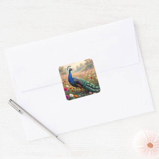 Pretty Blue and Turquoise Peacock Vierkante Sticker (Envelop)