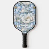 Pretty Blue Magnolia and Peony Personalized Pickleball Paddle (Voorkant)