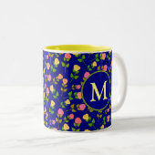 Pretty Blue Rose Pattern Monogram Tweekleurige Koffiemok (Voorkant rechts)