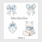 Pretty Blue White Floral Bows Heart Fox Sticker (Vel)
