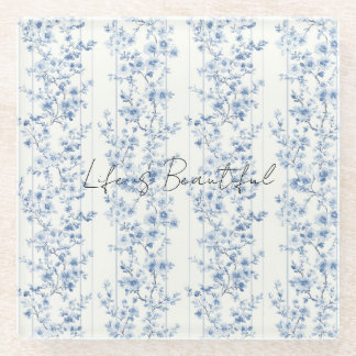 Pretty Blue White Floral Stripes Glazen Onderzetter