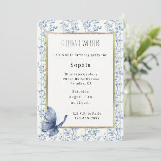 Pretty Blue White Flowers Butterfly Birthday Kaart