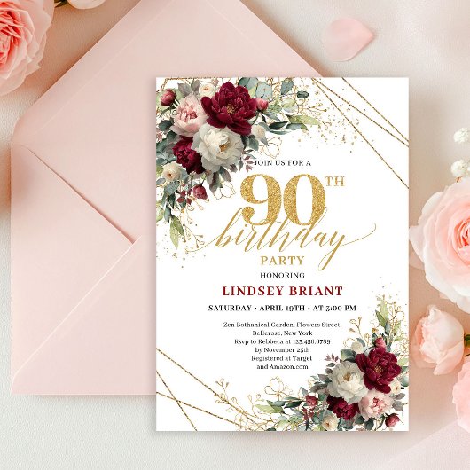 Pretty Blush Gold Floral 90th Birthday Invitation 