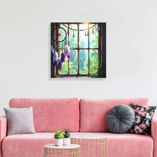 Pretty Boho Purple Dreamcatcher in Window   Canvas Afdruk (Insitu (Woonkamer))