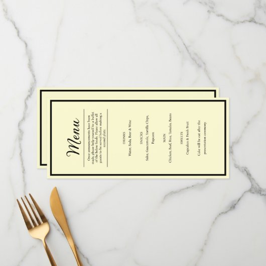 Pretty Butter Yellow Wedding Reception Dinner Menu (Devant/Arrière en situation)