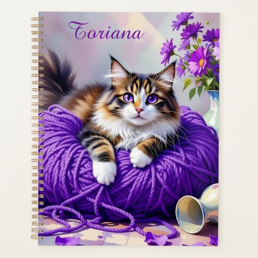Pretty Cat with Purple Flowers and Yarn (Devant)