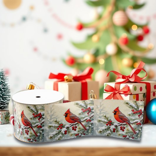 Pretty Christmas Cardinal and Pine Branches Grosgrain Lint