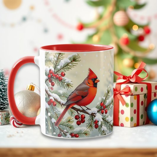 Pretty Christmas Cardinal and Pine Branches Mok