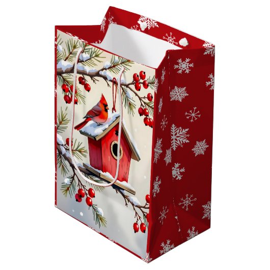 Pretty Christmas Cardinal & Birdhouse Snowflakes Medium Cadeauzakje (Voorkant Gekanteld)