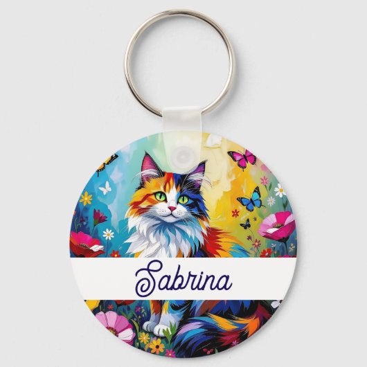 Pretty Colorful Impasto Cat and Flowers Sleutelhanger (Voorkant)