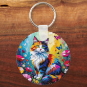 Pretty Colorful Impasto Cat and Flowers Sleutelhanger (Achterkant)