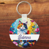 Pretty Colorful Impasto Cat and Flowers Sleutelhanger (Voorkant)