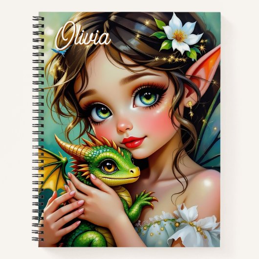 Pretty Elven Fairy and Dragon Personalized Notitieboek (Voorkant)