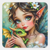Pretty Fairy and Dragon Themed Girl's Vierkante Sticker (Voorkant)