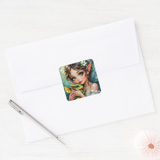 Pretty Fairy and Dragon Themed Girl's Vierkante Sticker (Envelop)