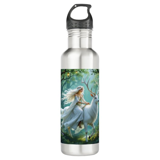 Pretty Fairy and White Deer in Enchanted Forest Waterfles (Voorkant)