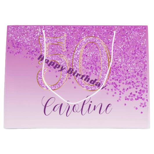 Pretty Falling Pink Glitter 50th Birthday Groot Cadeauzakje (Voorkant)