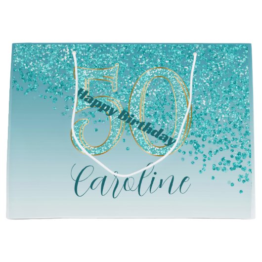 Pretty Falling Teal Blue Glitter 50th Birthday Groot Cadeauzakje (Voorkant)