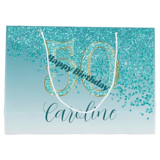 Pretty Falling Teal Blue Glitter 50th Birthday Groot Cadeauzakje (Achterkant)