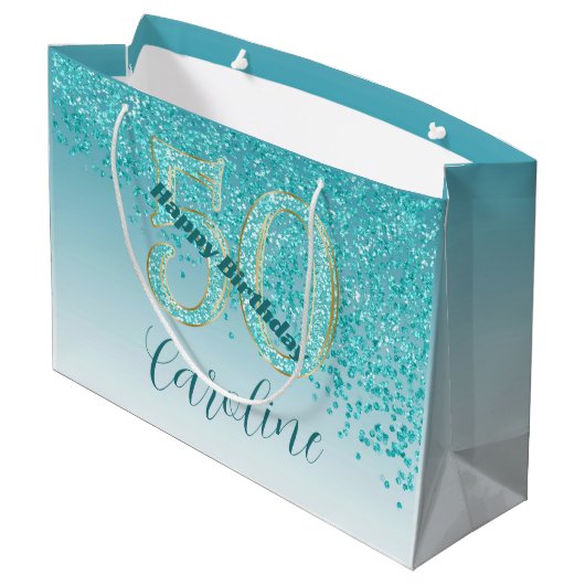 Pretty Falling Teal Blue Glitter 50th Birthday Groot Cadeauzakje (Achterkant Gekanteld)
