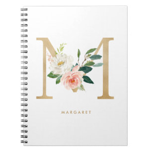 Pretty Faux Gold Foil Floral Letter M Monogram Notitieboek